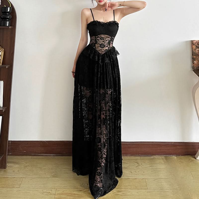 Enchanting Black Lace Corset Maxi Dress - Sheer Skirt for Fall Evenings & Holiday Parties