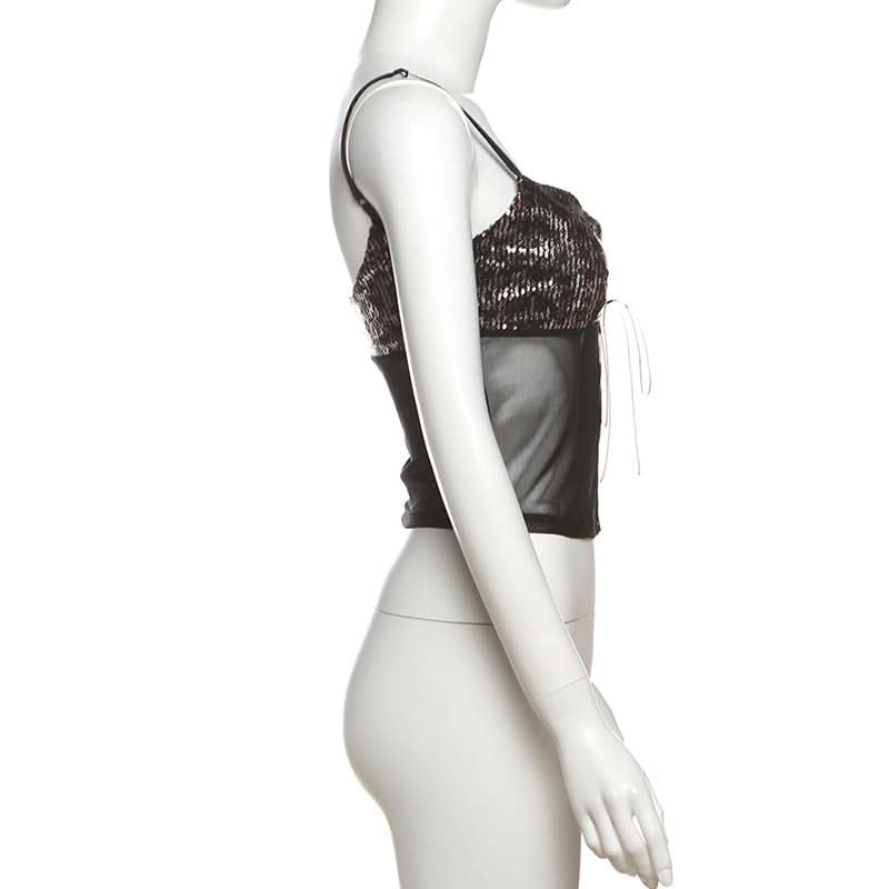 Sparkle & Slay: Sequin Mesh Corset Cami Top - Perfect for Halloween, Fall Parties & Holiday Glam!