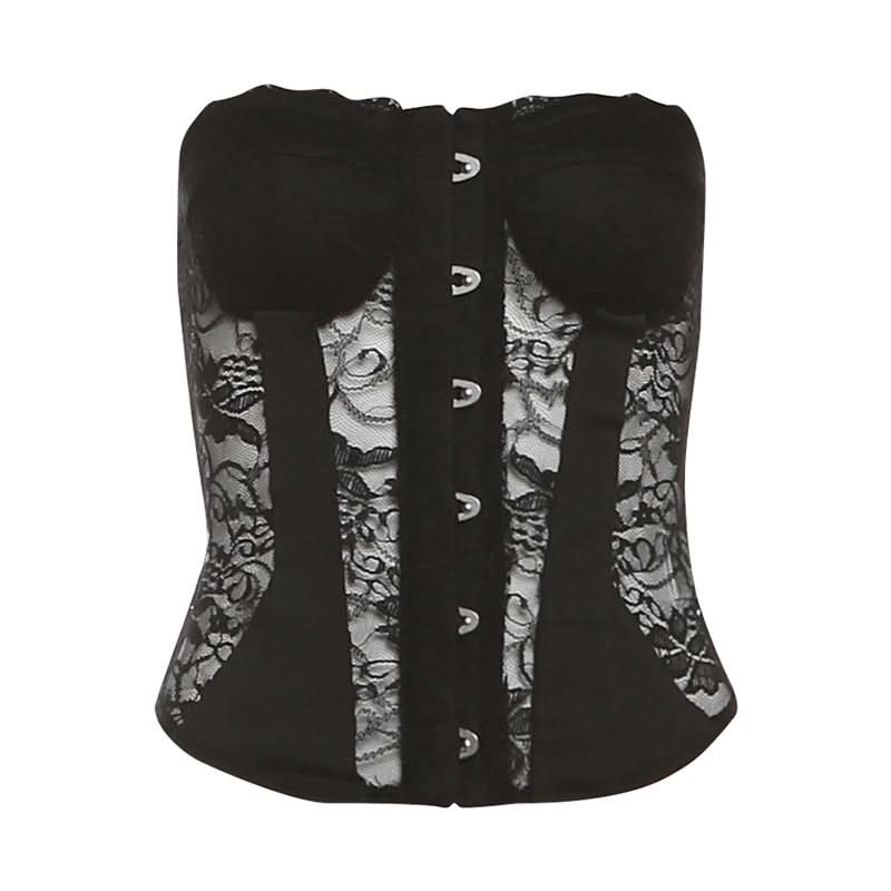 Sultry Black Lace Button Front Bustier Corset Top - Fall Night Out Essential