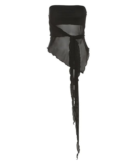 Edgy Black Mesh Tie-Front Tube Top - Your Fall & Halloween Party Statement Piece