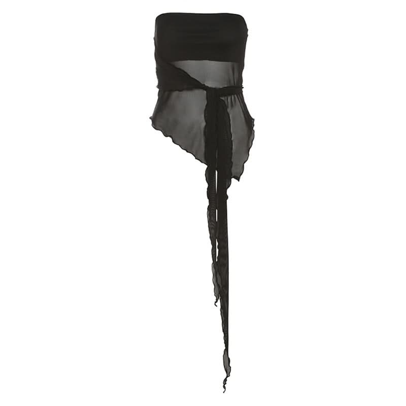 Edgy Black Mesh Tie-Front Tube Top - Your Fall & Halloween Party Statement Piece