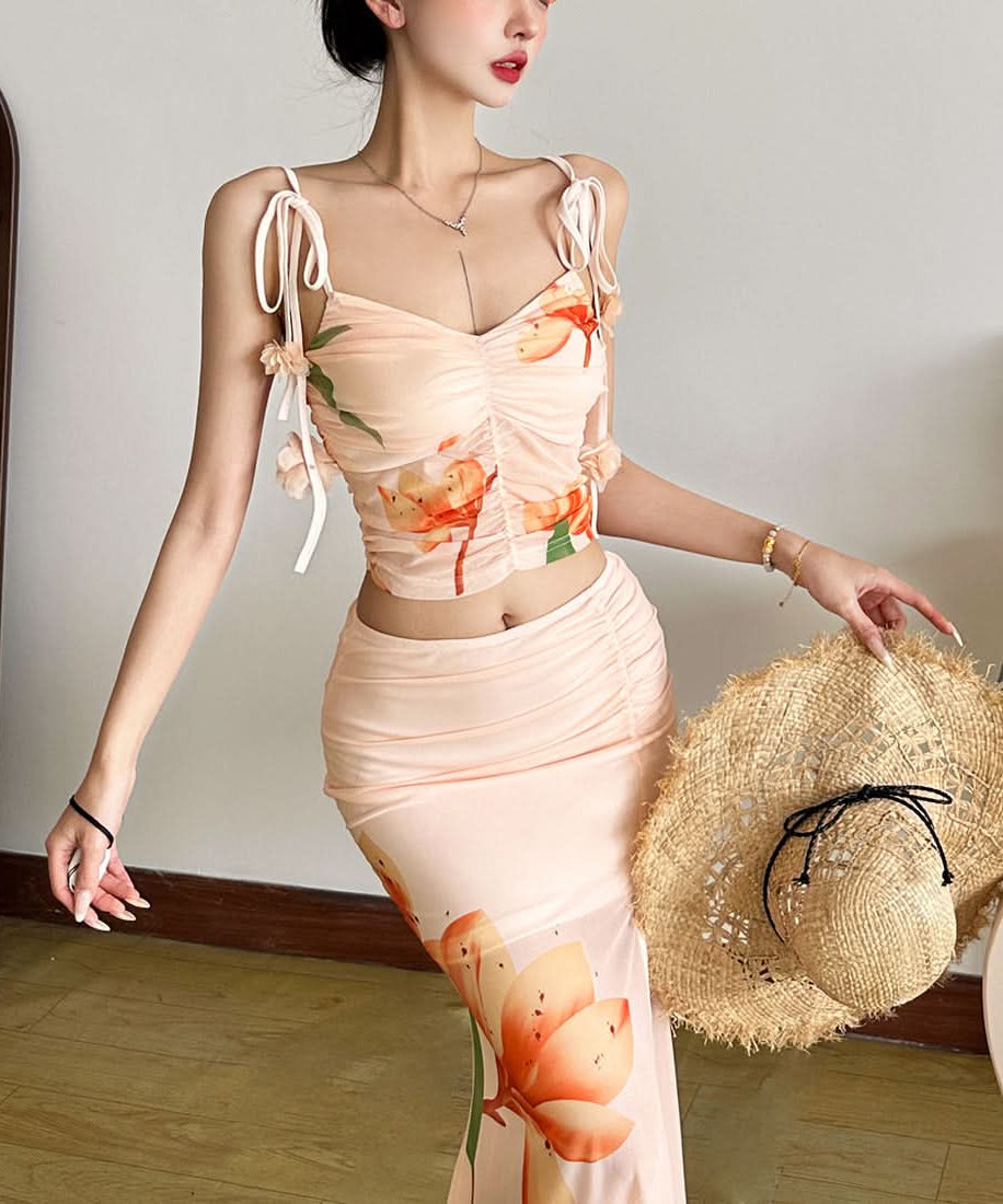 Vibrant Fall Bloom Ruched Mesh Crop Top - Adjustable Tie-Shoulder Cami for Chic Getaways & Resort Style