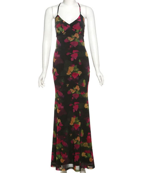 Elegant Autumn Bloom Cross-Back V-Neck Maxi Dress – Fall Floral Chic
