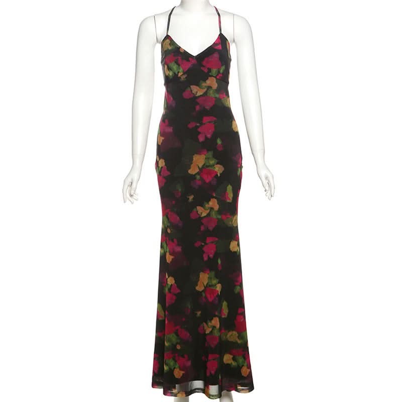 Elegant Autumn Bloom Cross-Back V-Neck Maxi Dress – Fall Floral Chic