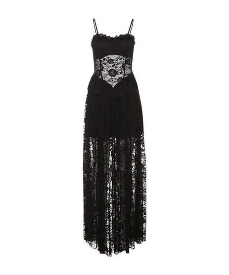 Enchanting Black Lace Corset Maxi Dress - Sheer Skirt for Fall Evenings & Holiday Parties
