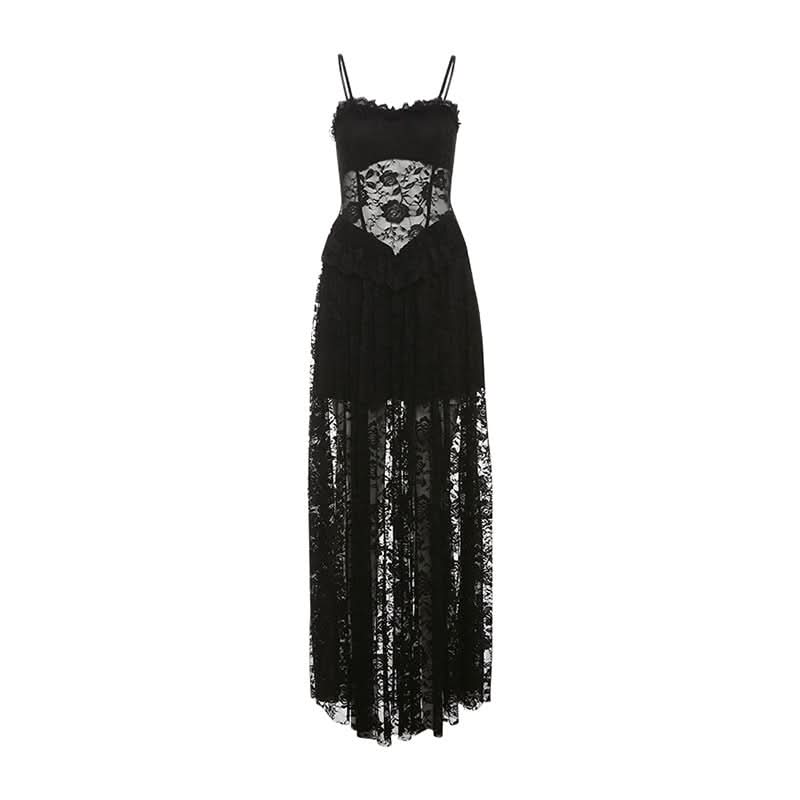 Enchanting Black Lace Corset Maxi Dress - Sheer Skirt for Fall Evenings & Holiday Parties
