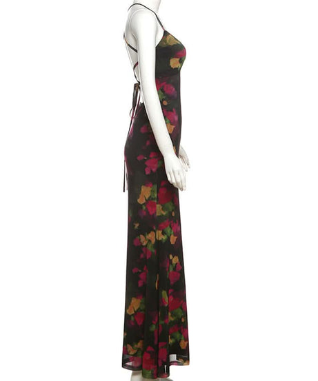 Elegant Autumn Bloom Cross-Back V-Neck Maxi Dress – Fall Floral Chic