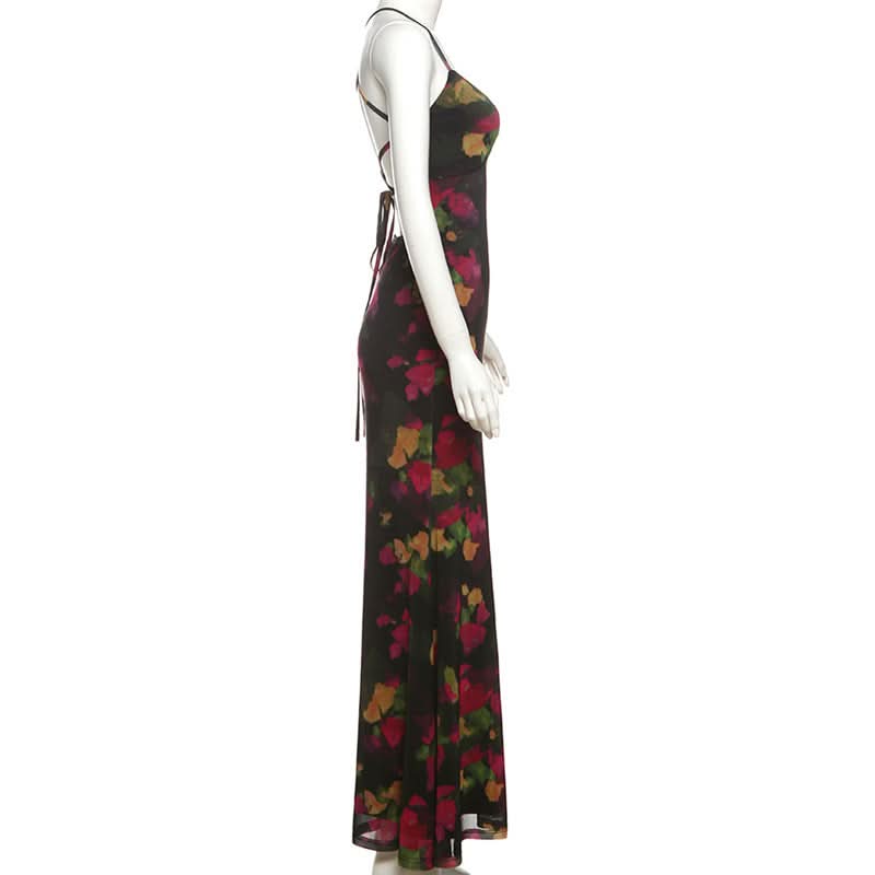 Elegant Autumn Bloom Cross-Back V-Neck Maxi Dress – Fall Floral Chic