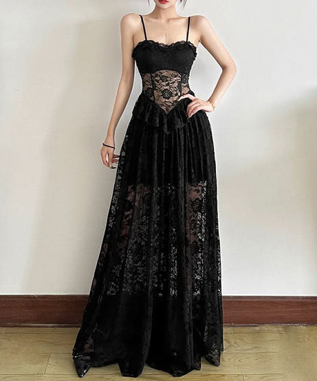 Enchanting Black Lace Corset Maxi Dress - Sheer Skirt for Fall Evenings & Holiday Parties