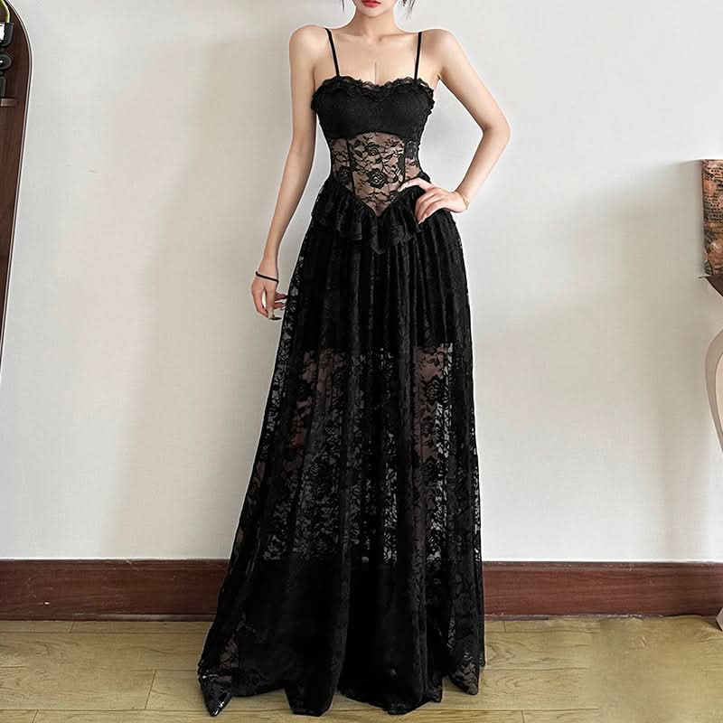 Enchanting Black Lace Corset Maxi Dress - Sheer Skirt for Fall Evenings & Holiday Parties