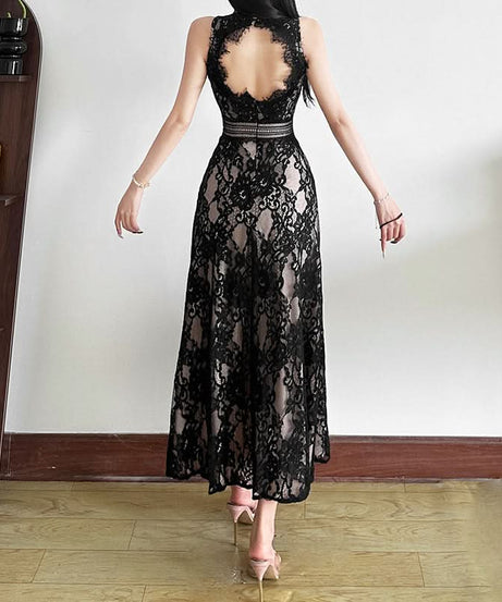 Alluring Black Lace Illusion Midi Dress | Fall & Holiday Soirée Elegance