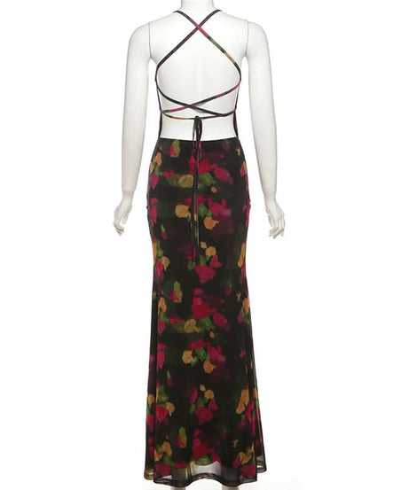 Elegant Autumn Bloom Cross-Back V-Neck Maxi Dress – Fall Floral Chic