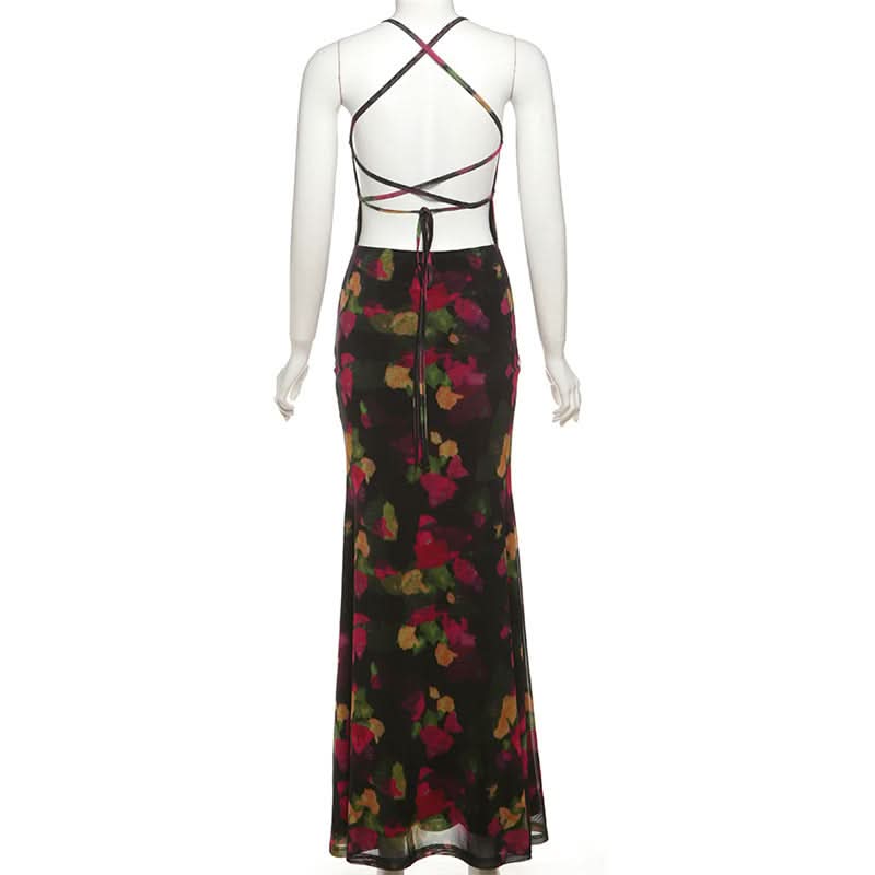 Elegant Autumn Bloom Cross-Back V-Neck Maxi Dress – Fall Floral Chic