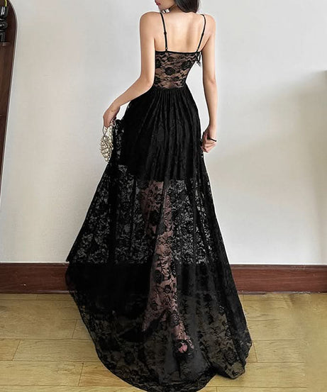 Enchanting Black Lace Corset Maxi Dress - Sheer Skirt for Fall Evenings & Holiday Parties