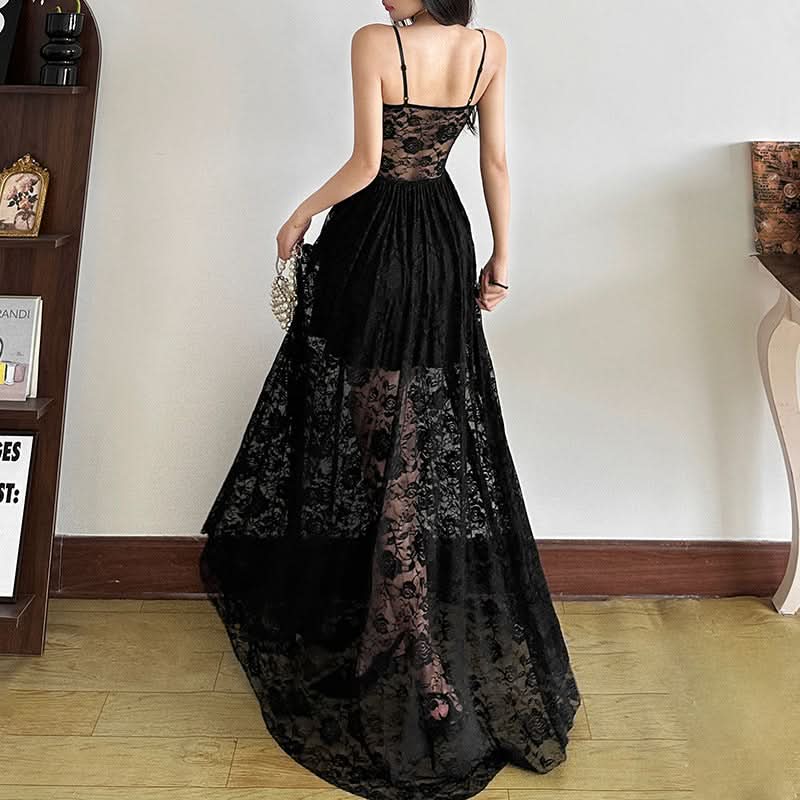 Enchanting Black Lace Corset Maxi Dress - Sheer Skirt for Fall Evenings & Holiday Parties