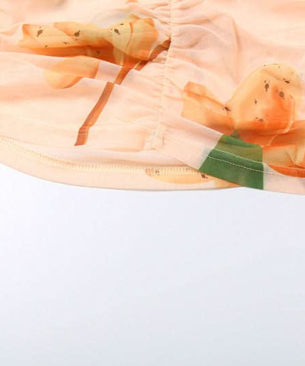 Vibrant Fall Bloom Ruched Mesh Crop Top - Adjustable Tie-Shoulder Cami for Chic Getaways & Resort Style