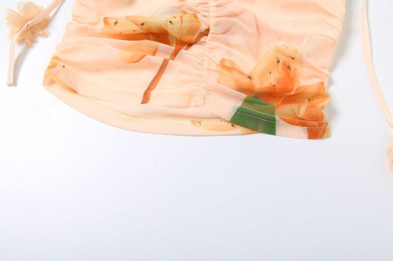Vibrant Fall Bloom Ruched Mesh Crop Top - Adjustable Tie-Shoulder Cami for Chic Getaways & Resort Style