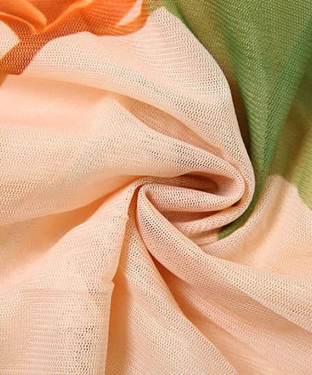 Vibrant Fall Bloom Ruched Mesh Crop Top - Adjustable Tie-Shoulder Cami for Chic Getaways & Resort Style