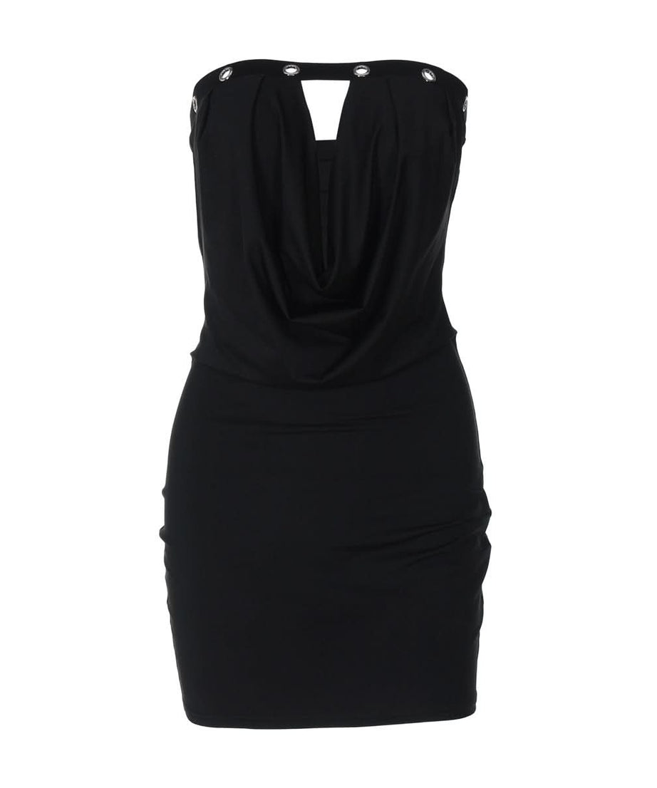 Sultry Black Strapless Bodycon Mini Dress | Draped Cowl Neck & Edgy Grommet Cut-Out for Fall Parties