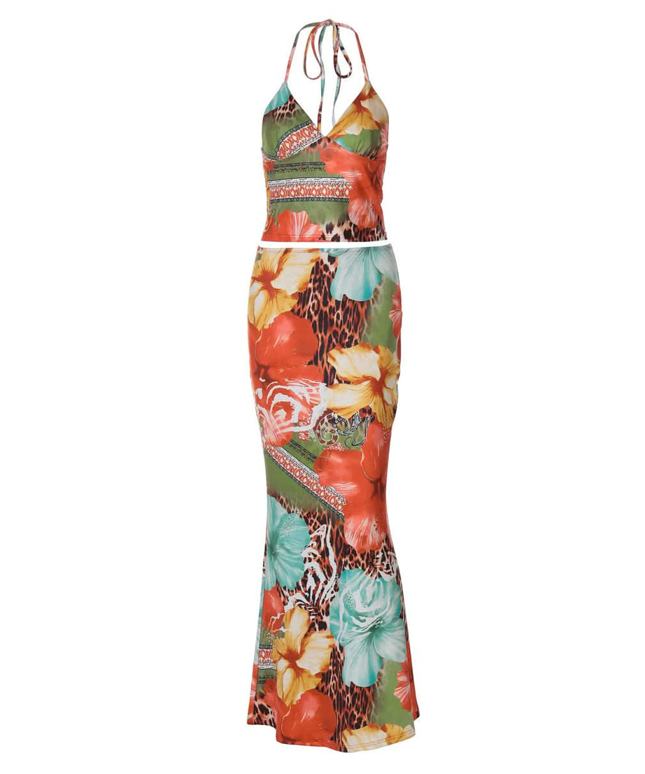 Tropical Escape Floral Leopard Halter Maxi Skirt Set - Your Fall Getaway Essential