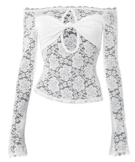 Coquette Bow-Front Lace Crop Top | Off-Shoulder Cutout Long Sleeve for Fall Nights