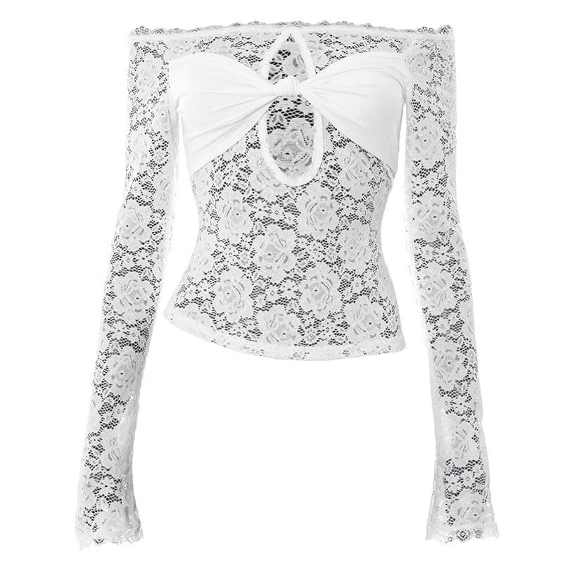 Coquette Bow-Front Lace Crop Top | Off-Shoulder Cutout Long Sleeve for Fall Nights