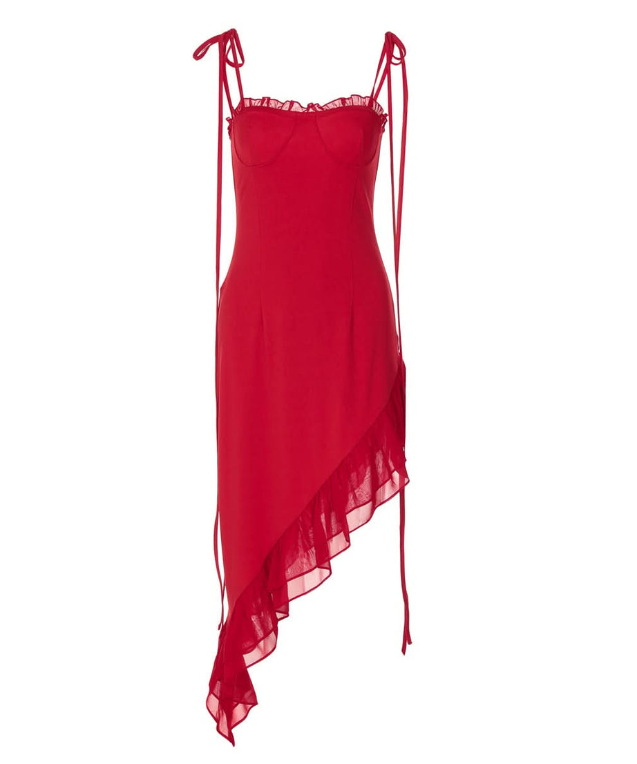 Siren Red Asymmetrical Ruffle Tie-Strap Midi Dress - Your Statement Piece for Fall & Holiday Glamour