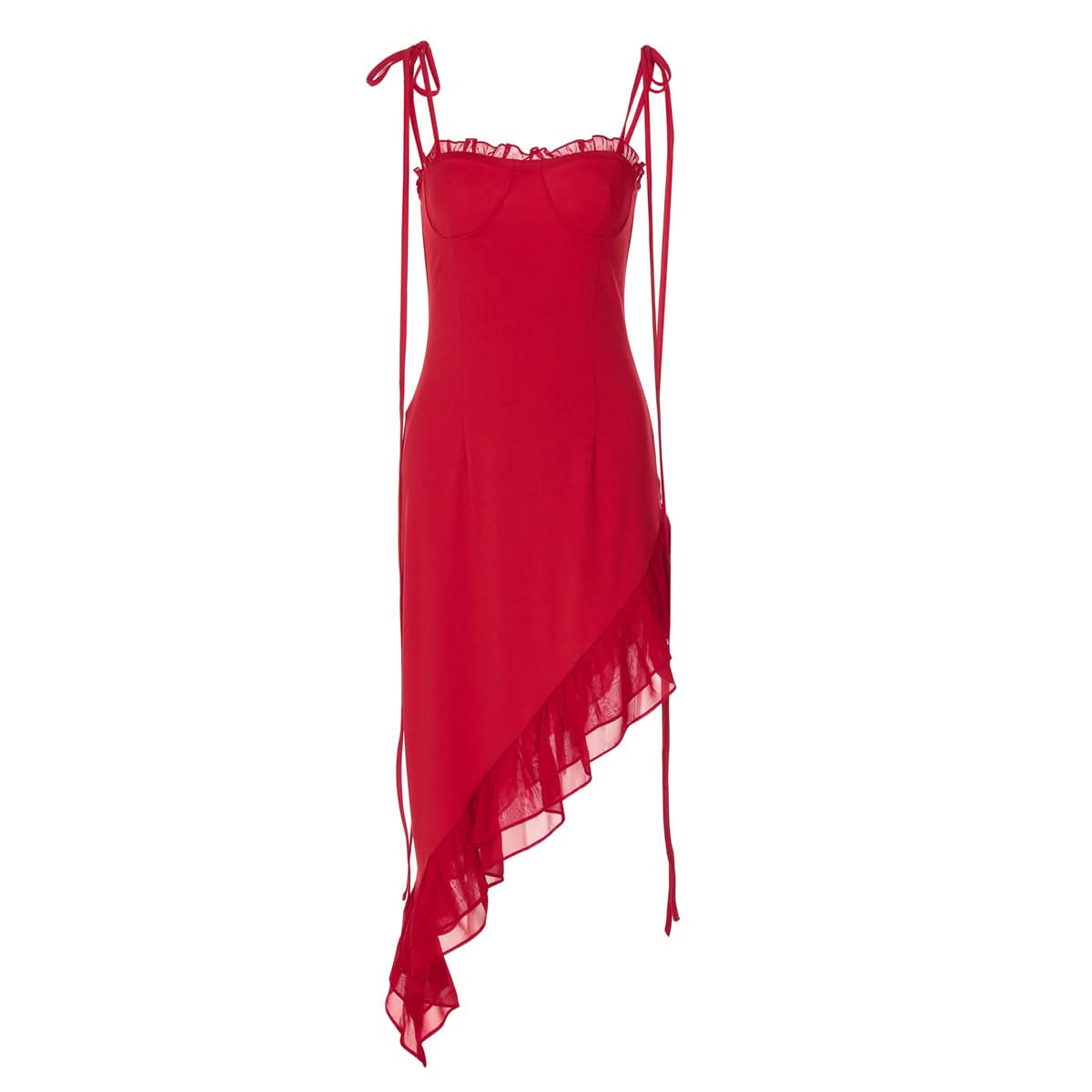 Siren Red Asymmetrical Ruffle Tie-Strap Midi Dress - Your Statement Piece for Fall & Holiday Glamour