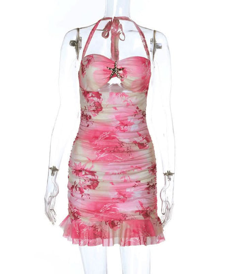 Coastal Charm Pink Floral Mini Dress | Halter Ruched Cut-Out & Starfish Detail - Your Ultimate Vacation Getaway Style