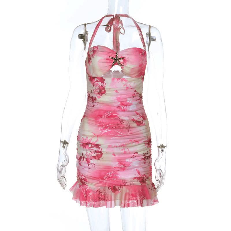 Coastal Charm Pink Floral Mini Dress | Halter Ruched Cut-Out & Starfish Detail - Your Ultimate Vacation Getaway Style