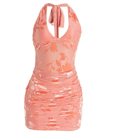 Chic Peach Floral Halter Mini Dress: Ruched Bodycon Style for Fall Events & Beyond