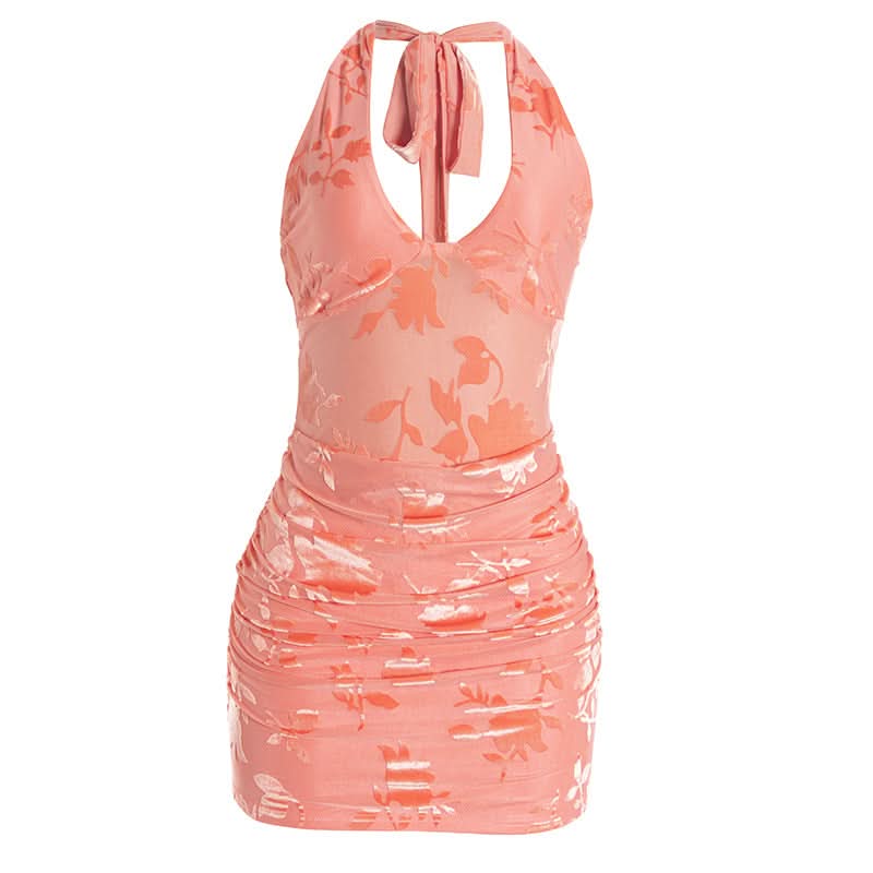 Chic Peach Floral Halter Mini Dress: Ruched Bodycon Style for Fall Events & Beyond