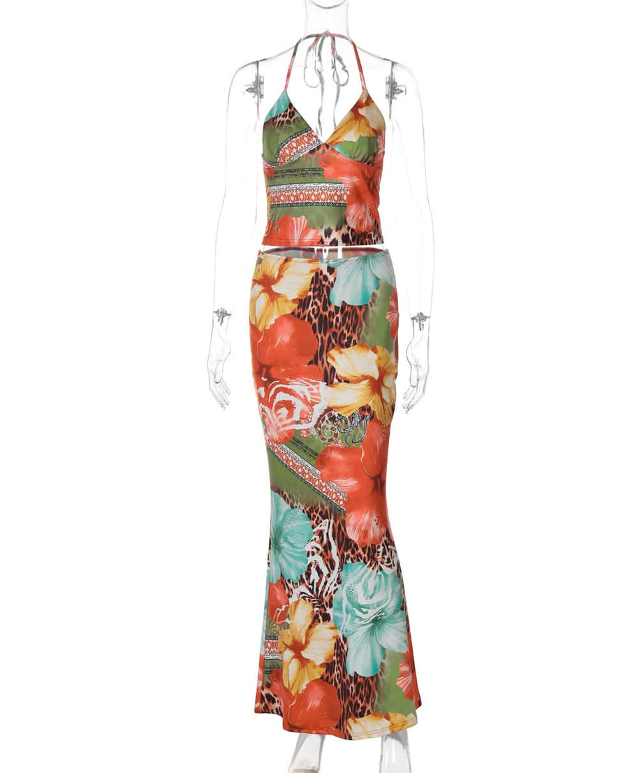 Tropical Escape Floral Leopard Halter Maxi Skirt Set - Your Fall Getaway Essential