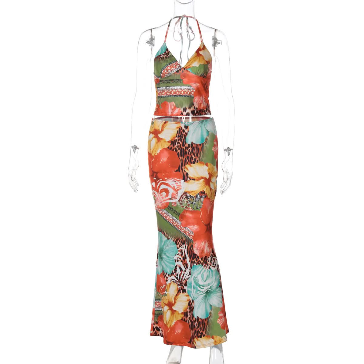 Tropical Escape Floral Leopard Halter Maxi Skirt Set - Your Fall Getaway Essential