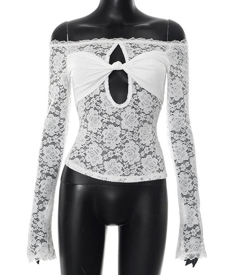 Coquette Bow-Front Lace Crop Top | Off-Shoulder Cutout Long Sleeve for Fall Nights