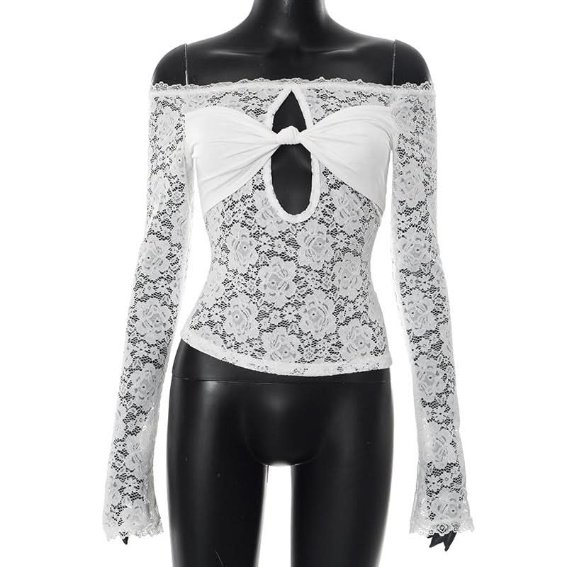 Coquette Bow-Front Lace Crop Top | Off-Shoulder Cutout Long Sleeve for Fall Nights