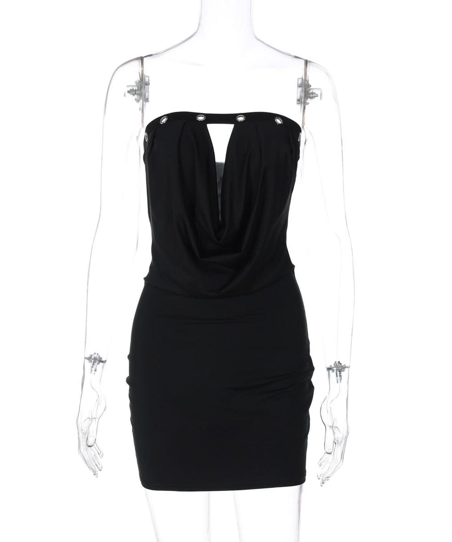 Sultry Black Strapless Bodycon Mini Dress | Draped Cowl Neck & Edgy Grommet Cut-Out for Fall Parties