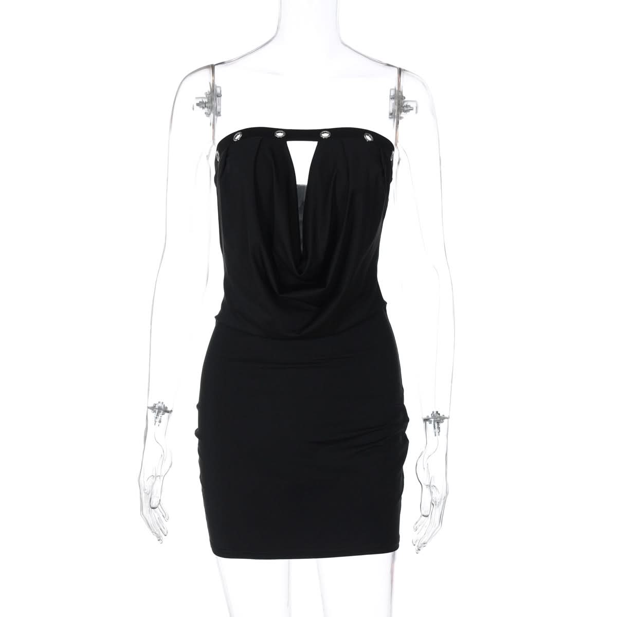 Sultry Black Strapless Bodycon Mini Dress | Draped Cowl Neck & Edgy Grommet Cut-Out for Fall Parties