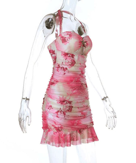 Coastal Charm Pink Floral Mini Dress | Halter Ruched Cut-Out & Starfish Detail - Your Ultimate Vacation Getaway Style