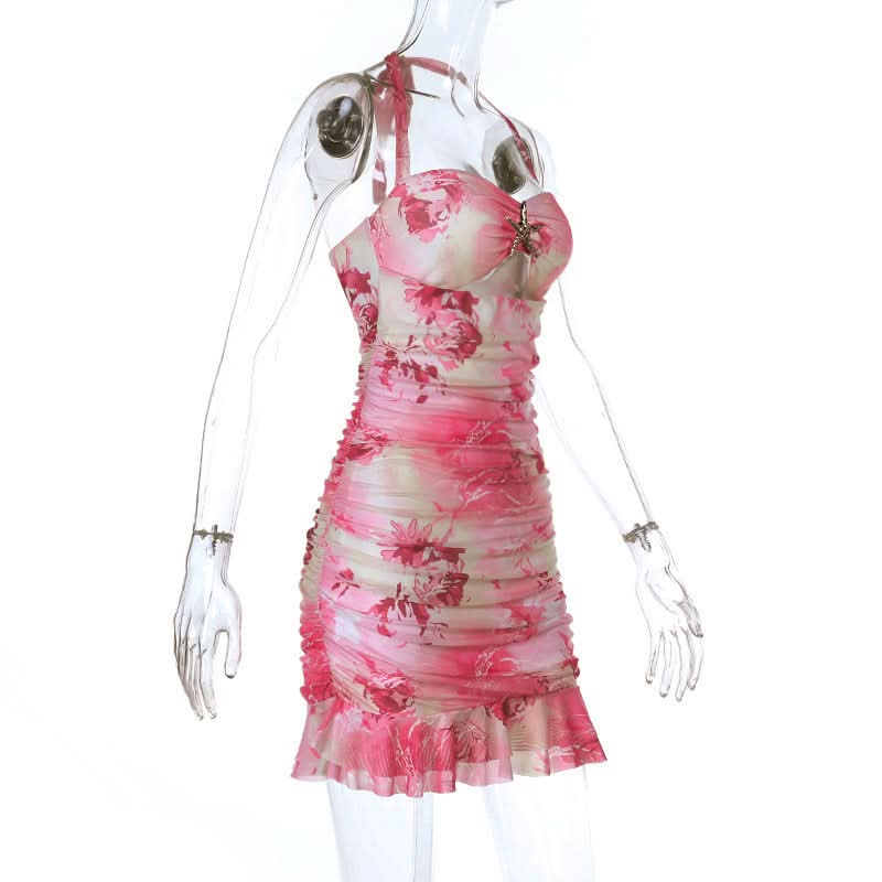 Coastal Charm Pink Floral Mini Dress | Halter Ruched Cut-Out & Starfish Detail - Your Ultimate Vacation Getaway Style