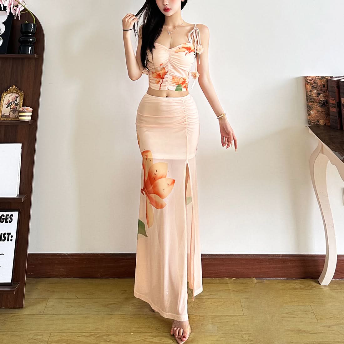 Blush Bloom Ruched Mesh Maxi Skirt with Sassy Slit - Your Fall Getaway Essential