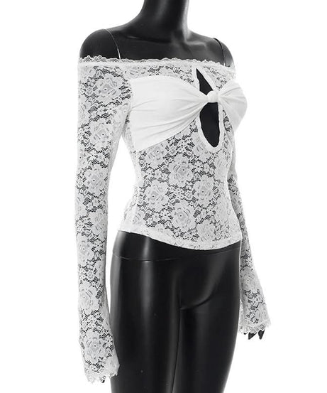 Coquette Bow-Front Lace Crop Top | Off-Shoulder Cutout Long Sleeve for Fall Nights