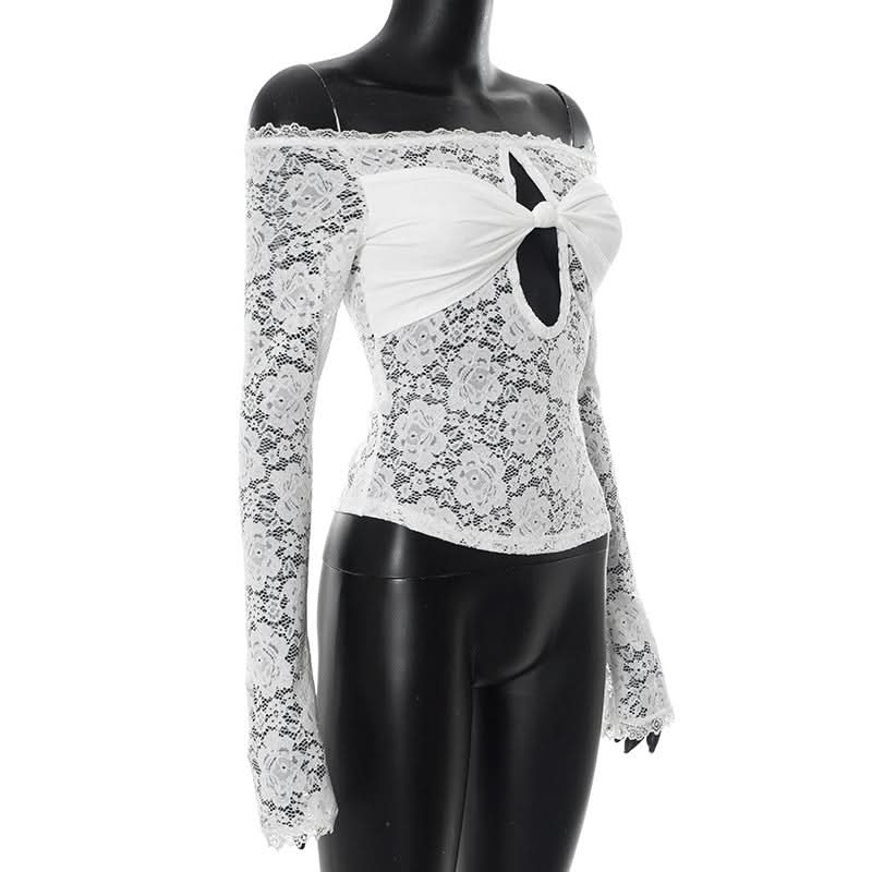 Coquette Bow-Front Lace Crop Top | Off-Shoulder Cutout Long Sleeve for Fall Nights