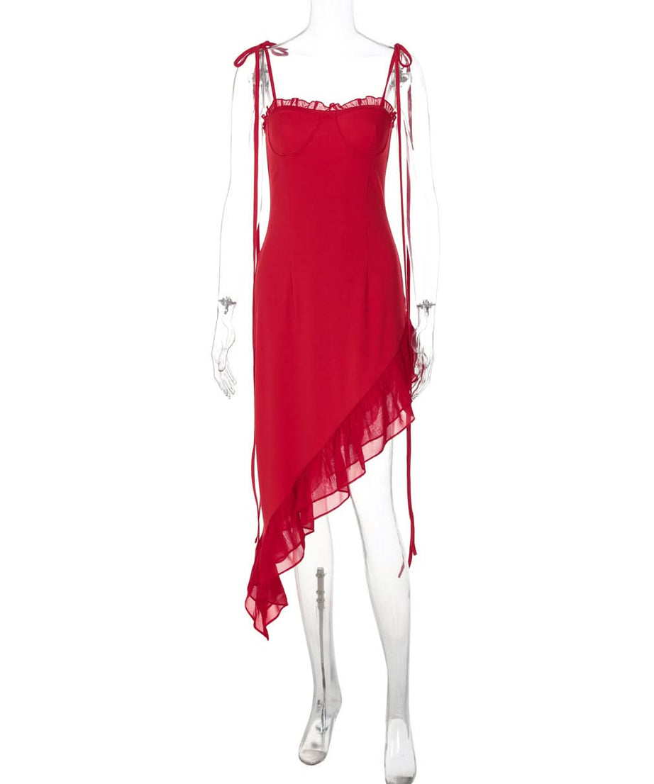 Siren Red Asymmetrical Ruffle Tie-Strap Midi Dress - Your Statement Piece for Fall & Holiday Glamour