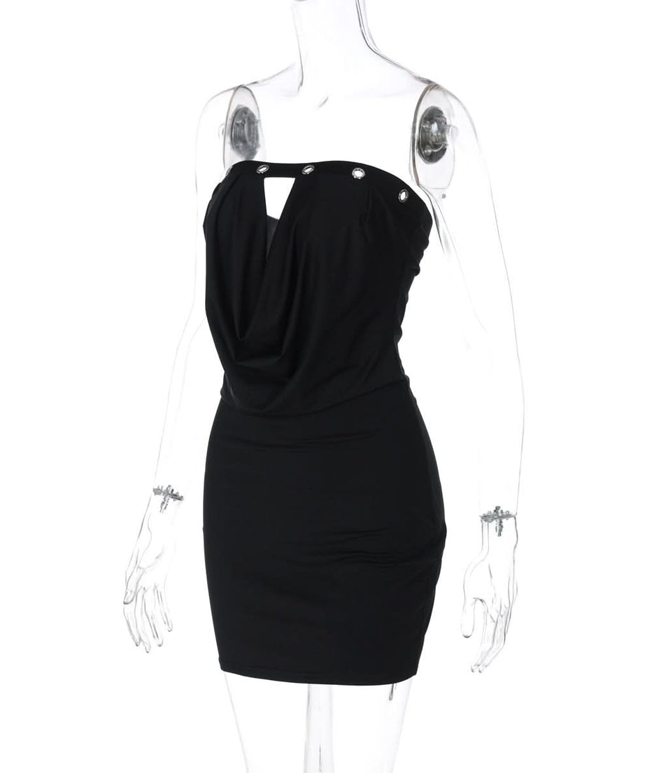 Sultry Black Strapless Bodycon Mini Dress | Draped Cowl Neck & Edgy Grommet Cut-Out for Fall Parties