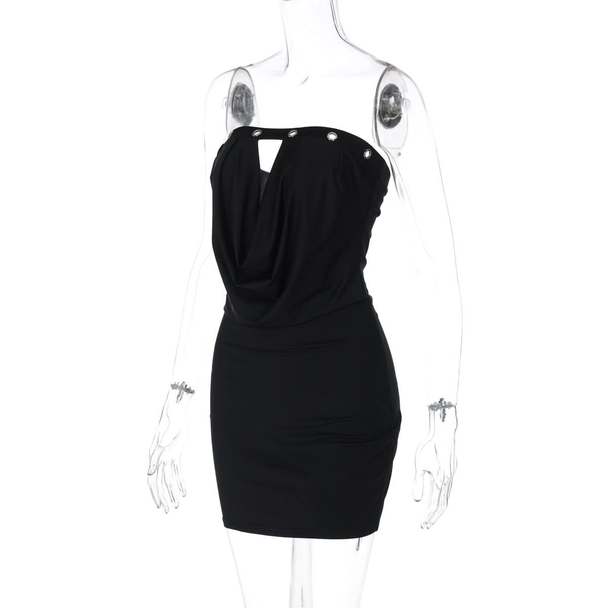 Sultry Black Strapless Bodycon Mini Dress | Draped Cowl Neck & Edgy Grommet Cut-Out for Fall Parties