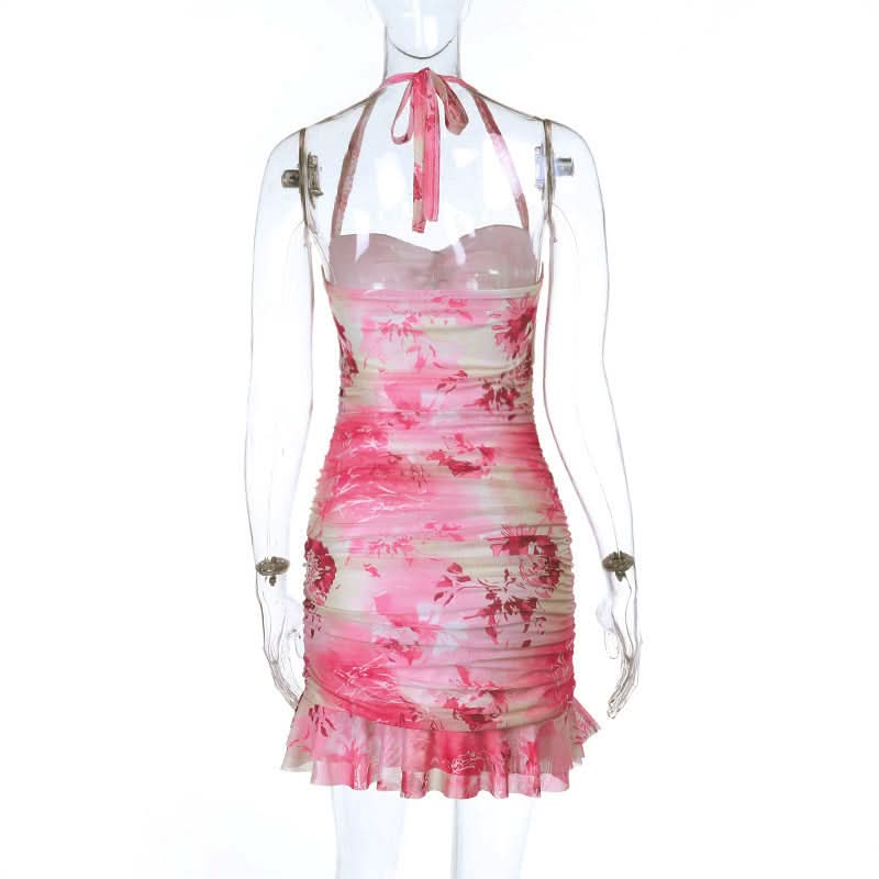 Coastal Charm Pink Floral Mini Dress | Halter Ruched Cut-Out & Starfish Detail - Your Ultimate Vacation Getaway Style