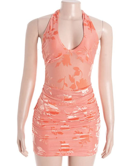 Chic Peach Floral Halter Mini Dress: Ruched Bodycon Style for Fall Events & Beyond