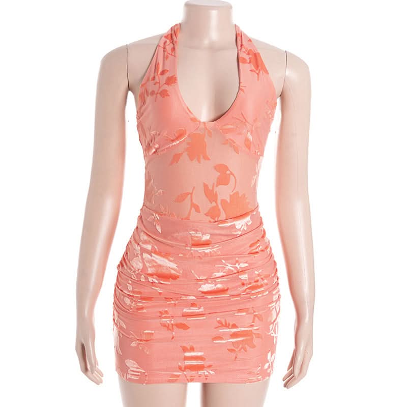 Chic Peach Floral Halter Mini Dress: Ruched Bodycon Style for Fall Events & Beyond