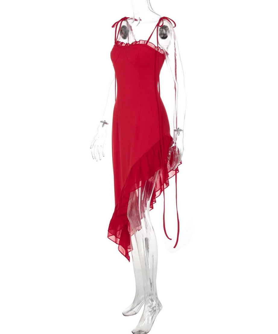 Siren Red Asymmetrical Ruffle Tie-Strap Midi Dress - Your Statement Piece for Fall & Holiday Glamour